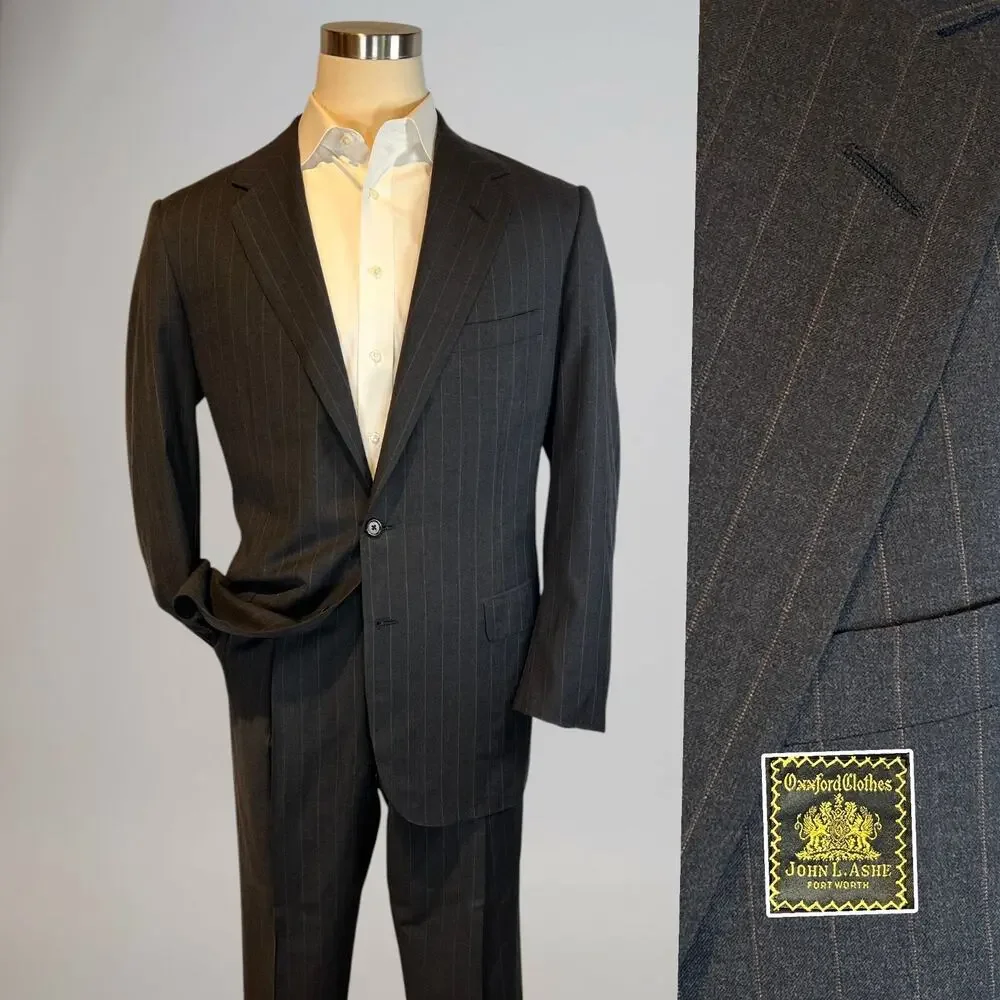 Vtg Oxxford Suit 44L 39x29 Gray-Black Subtle Red Stripe 1/4 Lined High Rise